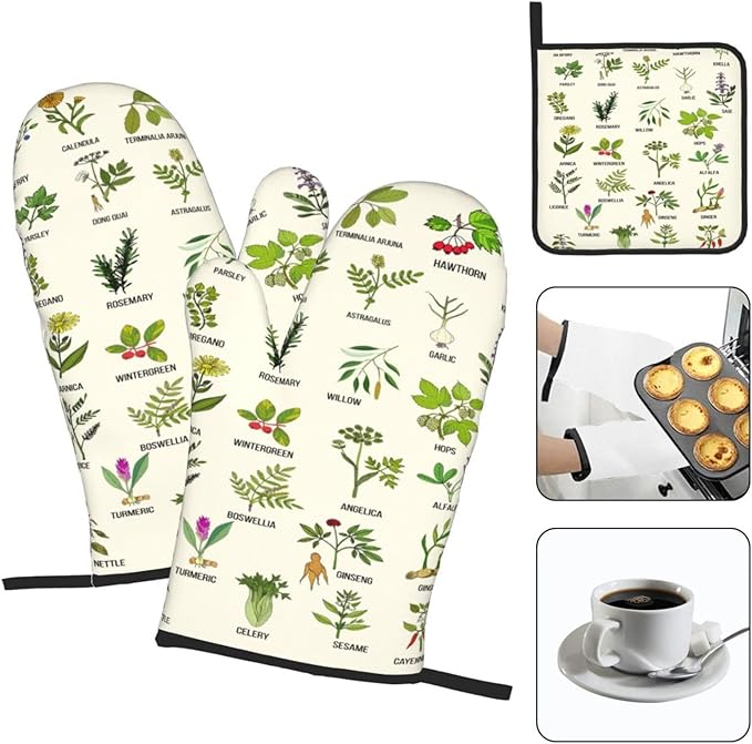 Cute Herbs Botanic Garden Plants Oven Mitts and Pot Holders Sets Heat Resistant for Kitchen BBQ Microwave Baking Grilling Cooks Set of 3 Kitchen Oven Glove