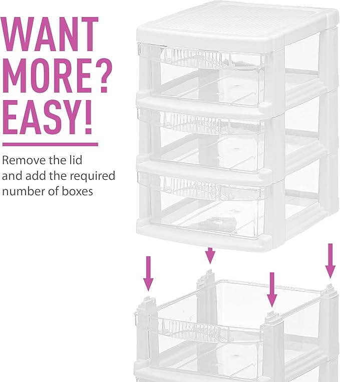 Tribello 3 Drawer Plastic Storage, Mini Drawer Unit, White Frame With Clear Drawers for Craft Storage - 8.5"L X 7"W X10"H Inches - (1 Pack)
