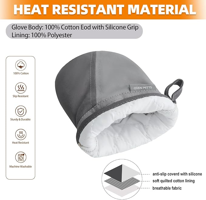 Mini Oven Mitts, Kitchen Oven Gloves Kitchen Mittens 500 Degrees Heat Resistant Baking Gloves, Non-Slip Silicone Surface with Hanging Loops Hot Gloves for Cooking, Baking, BBQ 1 Pair-Gray