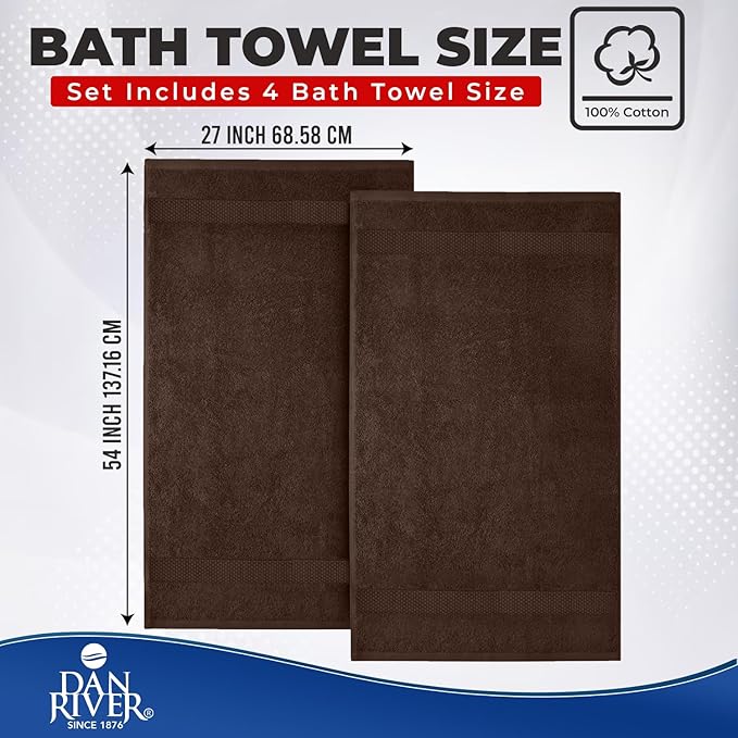 DAN RIVER Bath Towels Set of 4, 27 x 54 Inches, 100% Cotton, Larger & Lighter Weight, Quicker to Dry, Super Soft and Absorbent, Ideal Bathroom Towels for Daily Use, Brown
