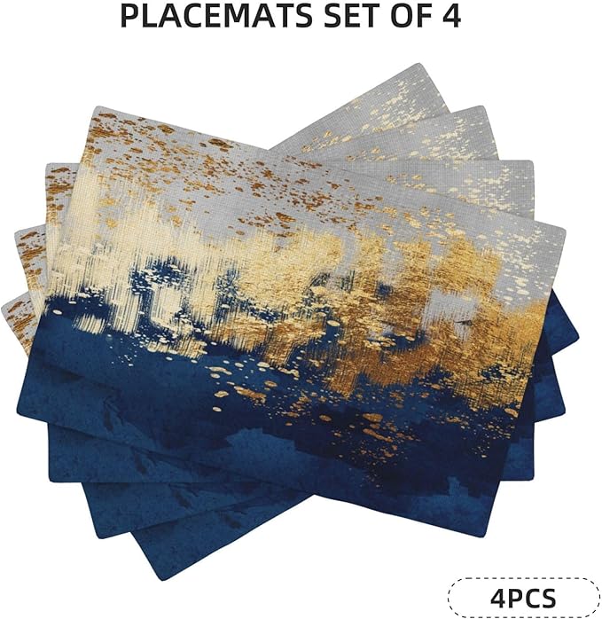 Navy Blue and Gold Splash Patterned Linen Placemats Set of 4, Washable Non-Slip Heat-Resistant Luxury Abstract Blue Gold Table Mats for Kitchen Dining Table Home Party Wedding Farmhouse, Home Decor