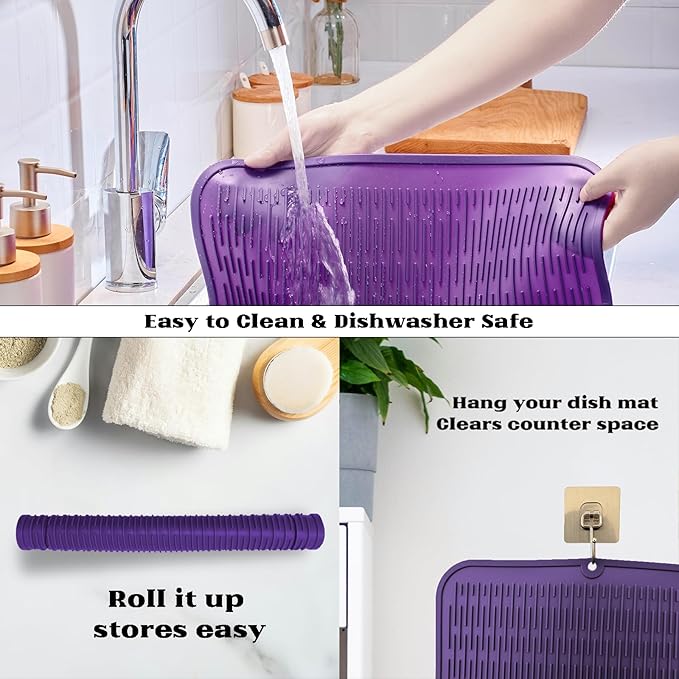 ZLR Large Silicone Dish Drying Mat (16" x 18") - XL Heavy Duty Drainboard Mat for Pots, Pans & Family Loads - Heat Resistant Trivet & Counter Protector, Easy Clean (Meadow Violet)
