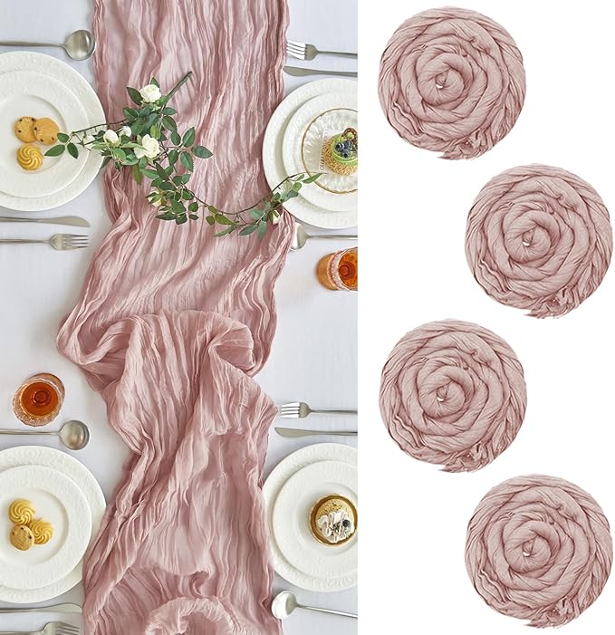 IVAPUPU 4 Pcs Cheesecloth Table Runner - 10ft Dusty Pink Spring Boho Gauze Cheese Cloth Table Runners for Baby Shower Decorations Wedding Party Summer Garden Farmhouse Decor