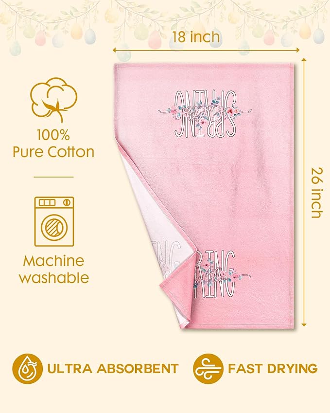 Miss Adola Easter Kitchen Towels Set of 2 - Flour Sack Tea Towels with Hanging Loop 18x26 Inch Spring Rabbit Pink Flowers Hand Dish Cloths Reusable Dishcloths Cute Easter Decor