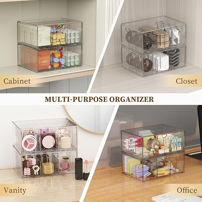 2 Pack Clear Tea Bag Organizer, Stackable Drawer Organizer with Dividers for Pantry Bathroom Vanity Kitchen - Cabinet Countertop Shelf Plastic Storage Bins for Coffee/Makeup/Cosmetic/Crafts/Jewelry
