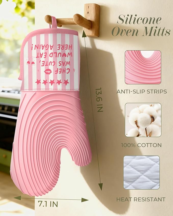 Slohif Long Silicone Oven Mitts Heat Resistant for Women - 2 Pcs Chef 100% Cotton Oven Gloves, Non-Slip and Waterproof Silicone Oven Mitts with Hanger for Baking and Cooking