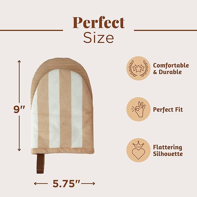 Folkulture Oven Mitts - Set of 2 (5.75"x9") | Oven Mitts with Hanging Loop for Cooking Gifts for Women, Kitchen Decor| 100% Cotton, Silicone Heat Resistant Mini Mitts - House Warming Gifts (Latte)
