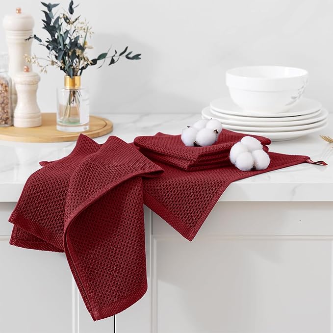 Kitinjoy 100% Cotton Kitchen Towels and Dishcloths Set, 8 Pack-13" x 28" and 12" x 12" Waffle Weave Dish Towels, Ultra Soft Absorbent Quick Drying Dish Rags, Burgundy