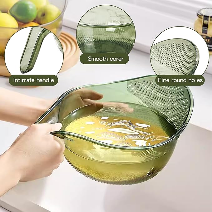 2-In-1 Rice Strainer,Large Rice Washer Beans Washer Strainers And Colanders - Washing Bowl for Fruit Washing Bowl With Strainer,Rice Washing Bowl Multifunctional Drain Basket (Green)