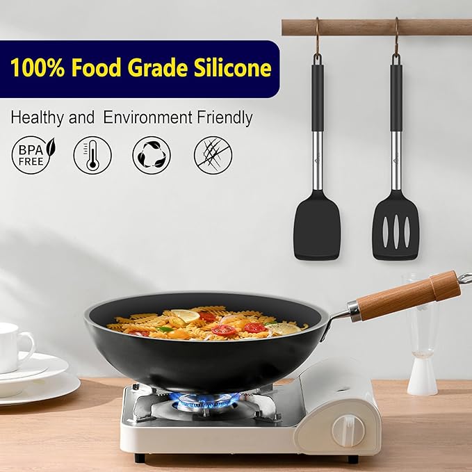 HOTEC Silicone Spatula Set of 2 Heat-Resistant 600°F & BPA-Free Kitchen SaptulaTurner with Stainless Steel Handles, Slotted & Solid Spatulas for Nonstick Cookware, 13.7 Inch, Black