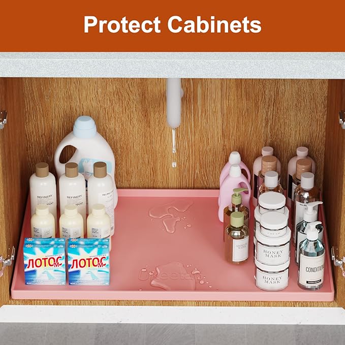 ukeetap Extra Thick Silicone Mat Waterproof with Raised Edge 22" x 19", Under Sink Mat for Kitchen & Bathroom, Kitchen Cabinet Liner, Multi-Purpose for Storage & Protection, Pink