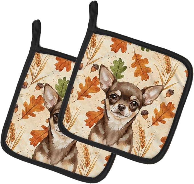 Caroline's Treasures Chocolate Chihuahua Heirloom Fall Pair of Pot Holders Pair 7.5x7.5 Quilted Insulated Hot Pads Decorative Kitchen Gift Made in USA