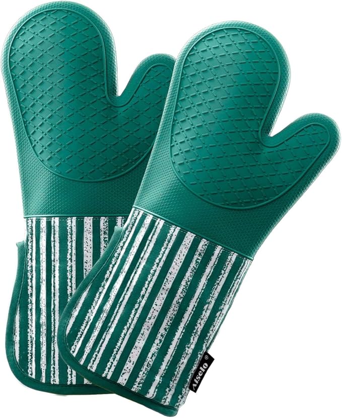 Alselo Silicone Oven Mitts Heat Resistant 932℉ with Waterproof & Non-Slip Kitchen Mittens, Set of 2 Extra Long Oven Gloves with Soft Cotton Terry Lining for Baking Cooking Barbecue (Emerald Green, 2)