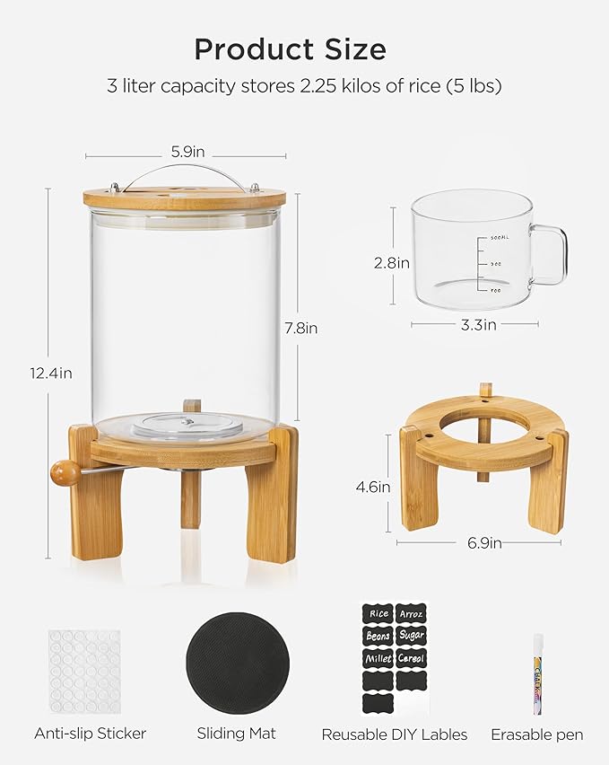 5-7 lbs Glass Rice Dispenser with Wooden Stand Flour and Cereal Container with Glass Measuring Cup & Labels & Slider mat Pantry Food Organization Storage Bin with Airtight Bamboo Lid, 3L