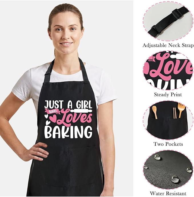 Black Baking Aprons for Women, Adjustable Cooking Baking Kitchen Aprons for Mom Chef with Pockets