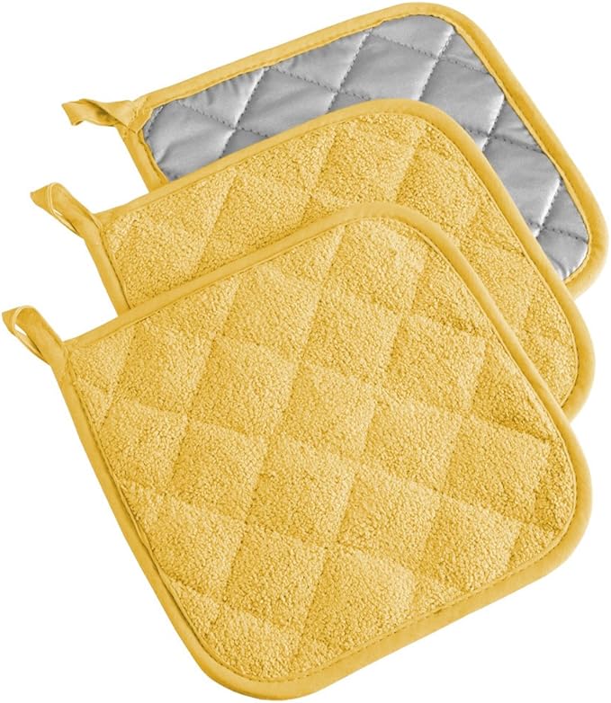DII Basic Terry Collection Quilted 100% Cotton, Potholder, Yellow, 3 Piece
