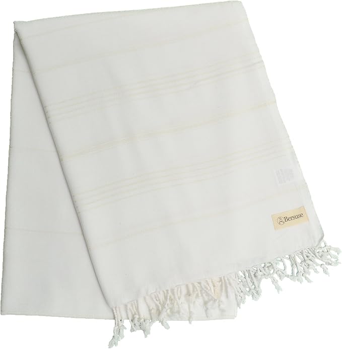 Bersuse Towels Anatolia XL Beach Blanket Throw Blanket Turkish Towel 100% Cotton Extra-Large Quick-Dry Lightweight Premium Peshtemal Towel - 61x82 Inches, White
