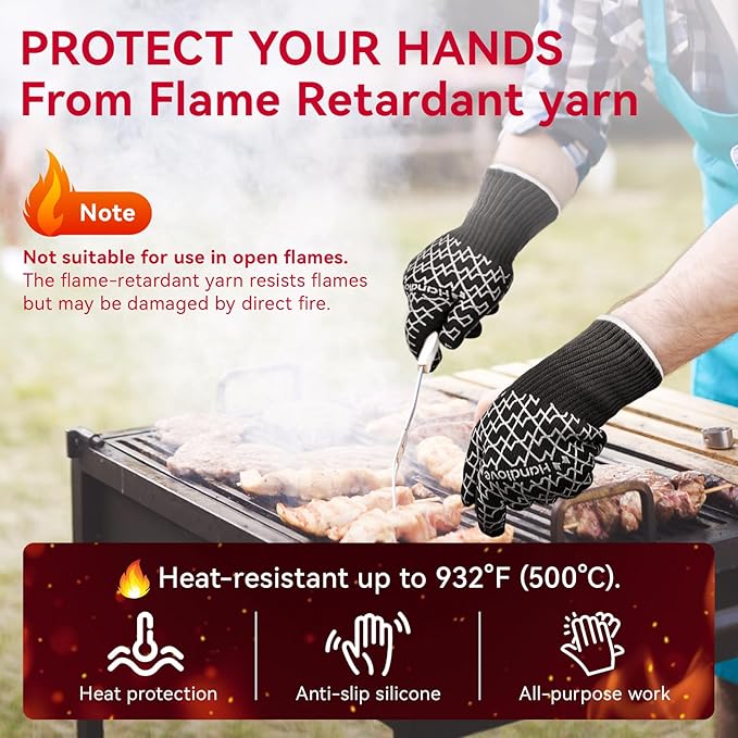 HandLove Aramid Heat Resistant BBQ Gloves – Grilling & Oven Gloves with Fingers, Silicone Grip & Long Cuffs for Cooking, Baking, and Outdoor Barbecue – Black,L