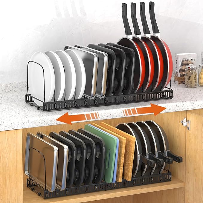 Housolution 2 Pack Baking and Cookie Sheet Organizer, 12"-23" Expandable Cutting Board Rack with 14 Adjustable Dividers, Bakeware Tray Muffin Pan Storage Organizer for Cabinet, Black