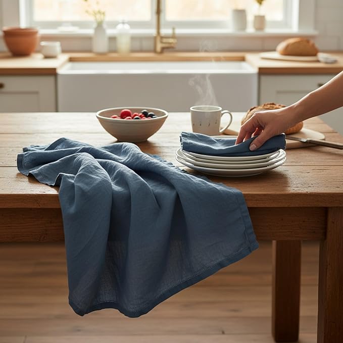 Linen Kitchen Dish Towels – 20” x 27” – 100% Pure Stonewashed Linen Hemstitch Hand Towel/Tea Towel - Set of 2 (Soft Teal Blue)