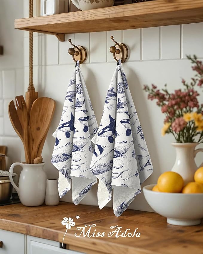 Miss Adola Cotton Kitchen Towels Set of 2 - Cute Design 16×26 Inch Dish Towels for Kitchen with Hanging Loop Ocean Quick Dry Hand Towels Soft & Absorbent, Home Decorative, Terry Cloth Tea Towels