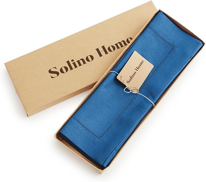 Solino Home Linen Placemats Set of 4 - Classic Hemstitch Indigo Blue Placemats 14 x 19 Inch - 100% Pure Linen Table Mats for Spring, Summer, Mothers Day