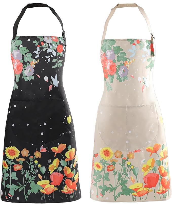 Apron for Women with Pockets, 2 Pcs Waterproof Floral Apron with Adjustable Neck Strap for Cooking, Baking, Gardening, Crafts