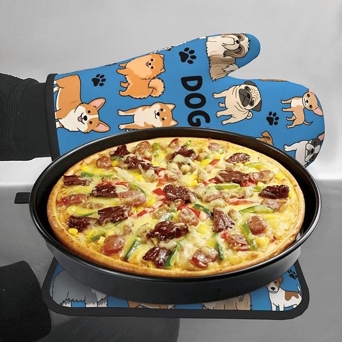 Cartoon Dogs Oven Mitts and Pot Holders Blue Background Heat Resistant Oven Mitts Safe for Baking Cooking BBQ