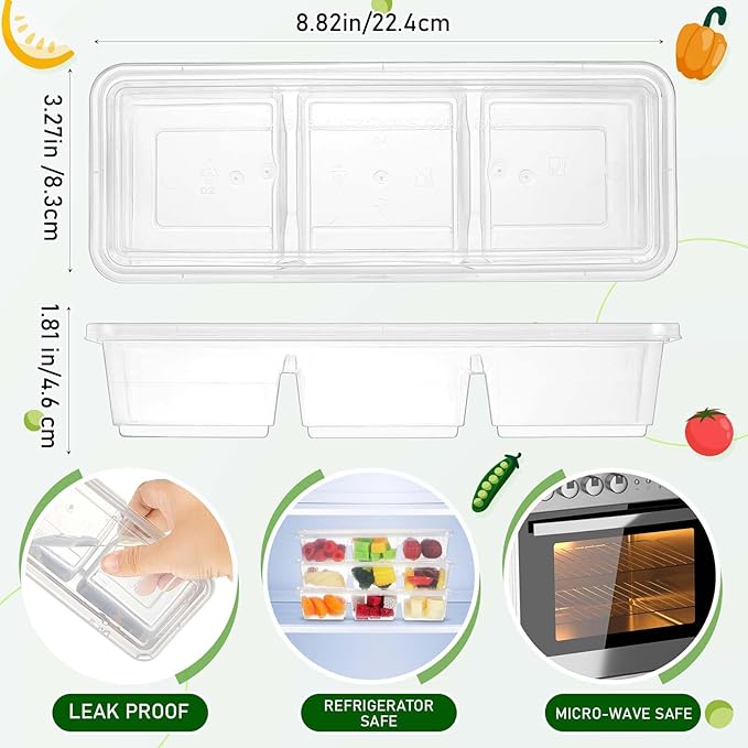 Hushee 100 Pack 17 oz Small Meal Prep Containers with 3 Compartments Snack Containers with Lid Disposable Plastic Bento Box Travel Lunch Food Boxes Stackable for Office Picnic (Clear)
