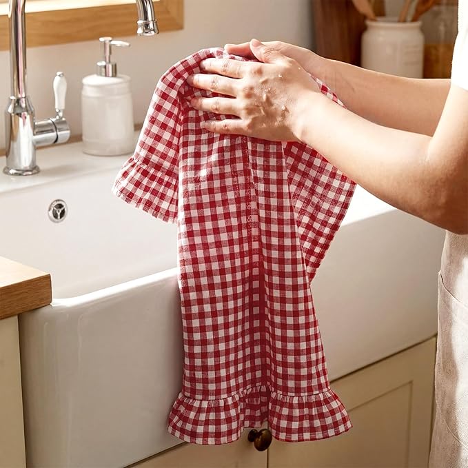 HunnmingRe Red Kitchen Towels Set of 2, 100% Cotton Ruffled Gingham Dish Towels 18"x28" Absorbent Tea Cloths Classic Plaid Pattern for Farmhouse Charm, Drying Dishes, Entertaining Guests