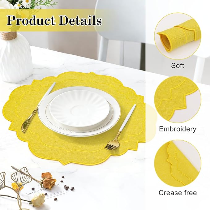 Cotton Linen Oval Placemats Set of 4, HADEEONG Table Mats Cloth Placemats, Washable Wrinkle Resistance, Scalloped & Embroidered Fabric Placemats, 17.71 x 13.77inch (Yellow, 4)