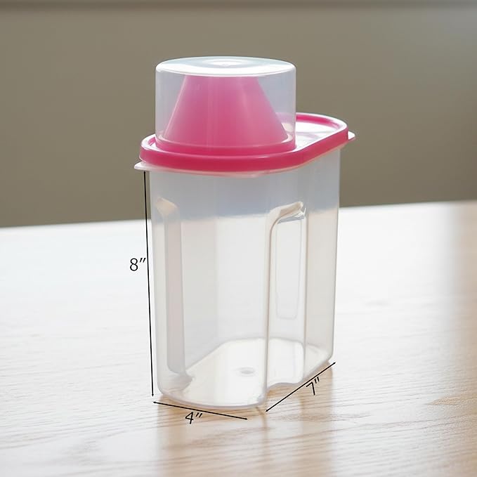 Basicwise 1.9 Liters Set of 3 Small Airtight Food Storage Containers with Pouring Spout and Measuring Cup Lid for Flour Sugar Cereal Rice Pantry Staples & Baking Ingredients in Green Pink and Yellow