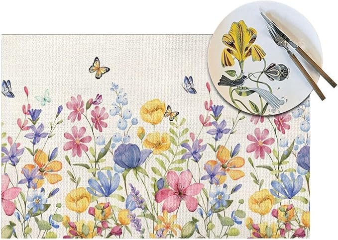 Spring Floral Placemats 12x18 Inches Set of 4 Colorful Flower Butterfly Decorative Rectangle Table Mats Summer Colorful Linen Place mats for Party Home Kitchen Dining Table Decor