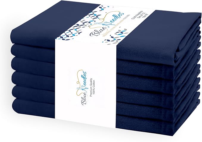 Blue Needles Solid Cloth Napkins Set of 6 Navy Blue 100% Cotton Dinner Napkins 18x18 inches - Soft, Reusable, Absorbent & Washable Linen, Ideal for Spring Summer Easter Events Parties & Everyday Use
