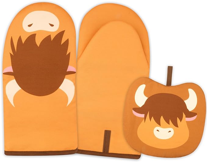 Oven Mitt, Cute Highland Cow Oven Mitts and Pot Holders Sets, Oven Mit Kitchen Mitts for Oven, Oven Mitts Heat Resistant Highland Cow Kitchen Decor & Gifts for Housewarming