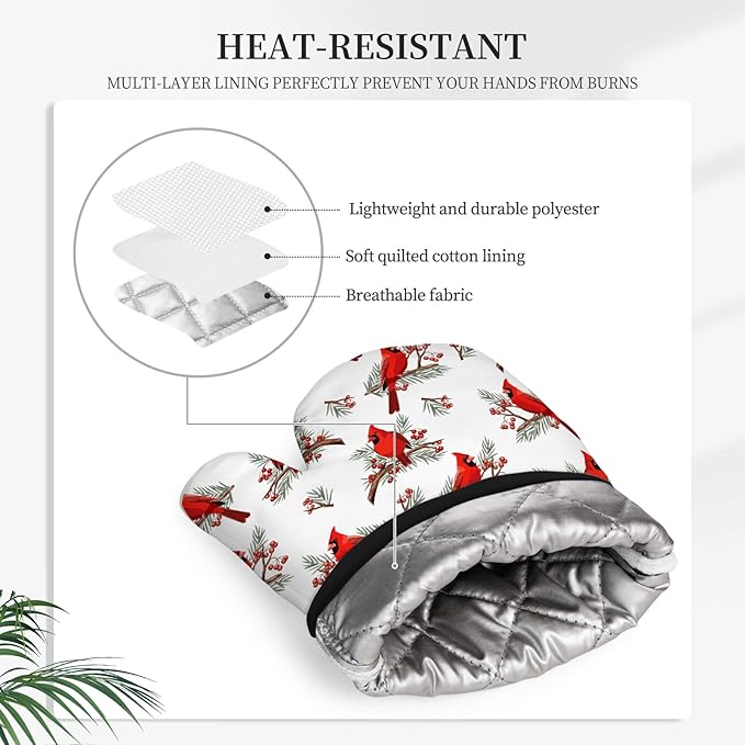 Christmas Cardinal Birds Oven Mitts and Pot Holders Sets of 3, Cardinal Birds Red Berry Decor Oven Mitts, Rdinal Bird Kitchen Decor Heat Resistant Non-Slip Silicone Gloves for Cooking Baking BBQ