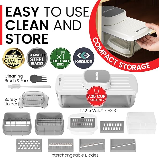 KEOUKE 8-in-1 Vertical Vegetable Chopper Mandoline Slicer with Container White - Safe Tap Out Dicer with Hand Guard for Kitchen Easy Food Prep, Onion Potato Veggie Fruit