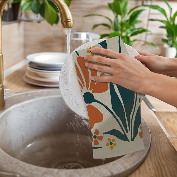 Abstract Boho Floral Kitchen Towels, Retro Wildflower Dish Towels Drying Cloth for Kitchen, Mid Century Modern Boho Decorative Hand Towels for Bathroom, 16x24 Inch Set of 2