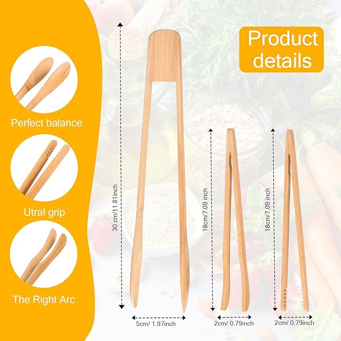 Zopeal 6 Pcs Bamboo Utensils for Cooking Wooden Toaster Tongs Long Cooking Salad Tongs for Picking up Cheese Bacon Toast Cake Fruits Bread Spaghetti for Kitchen Women Men