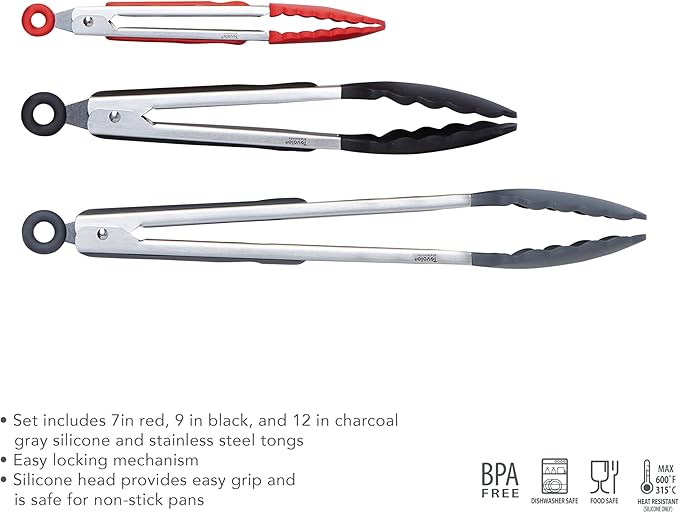 Tovolo Stainless Steel Tongs with Silicone Tips Set of 3 Mini 7” 9” 12 Inch with Easy Lock Mechanism for Cooking Grilling Air Fryer Serving, Red Black Charcoal Gray Heat Resistant Kitchen Tongs