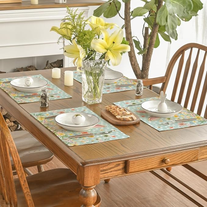 Artoid Mode Blue Bunny Polka Dot Easter Placemats Set of 4, 12x18 Inch Flower Seasonal Spring Holiday Table Mats for Party Kitchen Dining Decoration