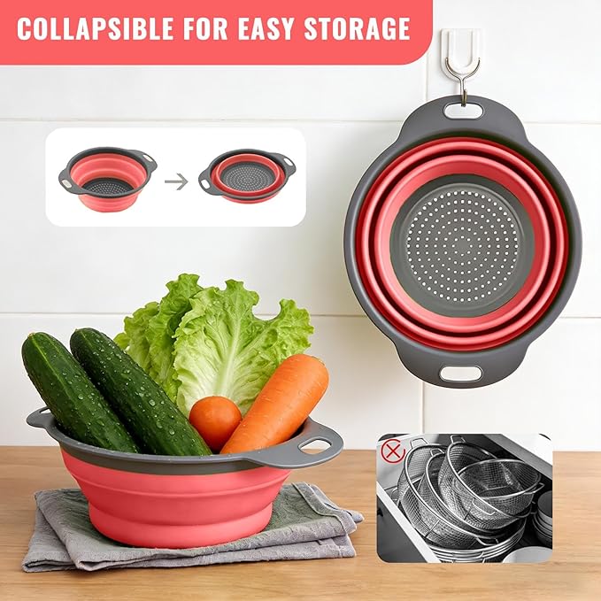 Collapsible Colander Set of 2, Folding Kitchen Strainers with Handles, Space-Saving Over-the-Sink Drainers for Pasta, Veggies & Fruit, BPA-Free, Dishwasher Safe, RV & Camping (Red)