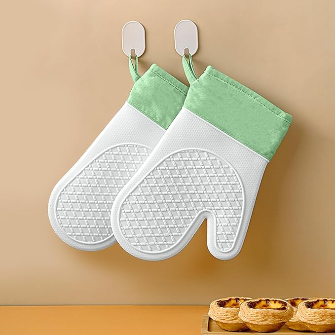 Silicone Oven Mitts，Heat Resistant up to 500°F, Oven Gloves with Soft Lining, Non-Slip Kitchen Essentials, Kitchen Gadgets, Apartment Essentials, Great Gift for Cooking (Grey&green-1pair)