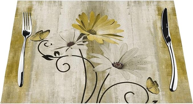 Floral Place mats Set of 4, 12x18 Inches Summer Yellow Daisy Flower Decorative Placemats Rectangle Floral Table Mats for Party Home Kitchen Dining Table Decoration