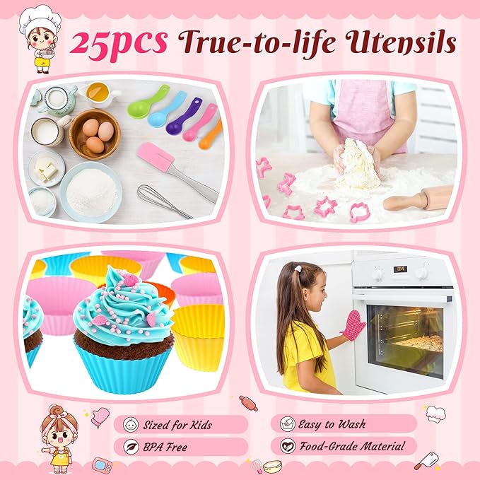 GIFTINBOX Kids Cooking and Baking Chef Set, 25PCS with Kids Apron,Chef Hat & Utensils ids Cooking Set, Toddler Dress Up and Pretend Play Kitchen Toys, Birthday Toys for 3 4 5 6 7 8 Year Old Girls