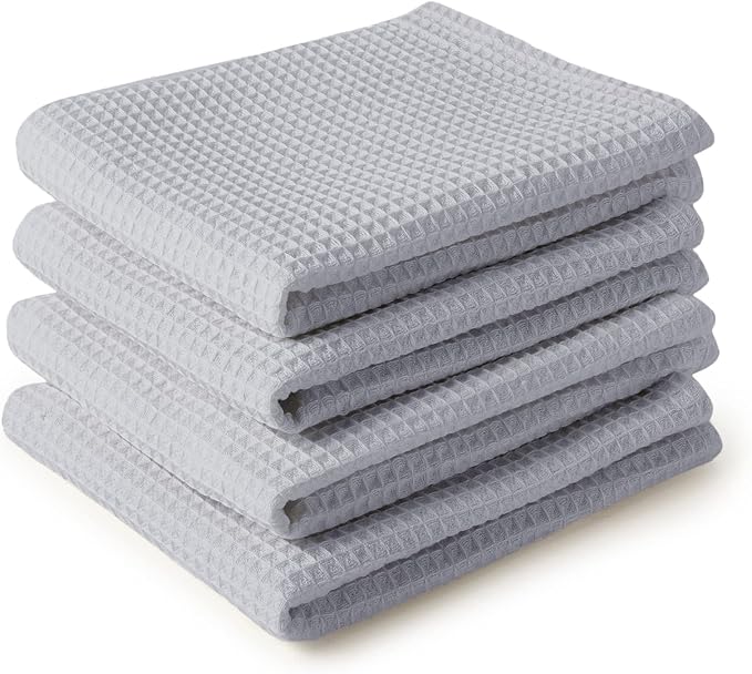 Encasa XO Kitchen Dish Towels Set | Light Grey | Waffle Weave and Flat Hand Tea Towel | 28"x18" | Quick Drying Reusable Cotton Washcloths | Multipurpose Lightweight Dishcloths Set of 4