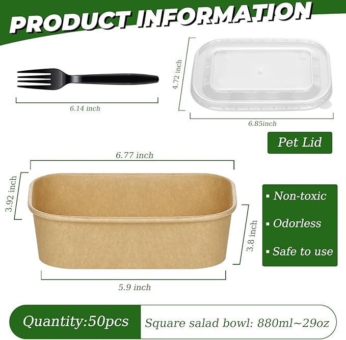 50-Pack 29oz Disposable Kraft Paper Bowls【with Lids and Forks】,Meal Prep Containers Disposable To go Food Containers for Restaurant Supplies Take Out Containers, Microwave Safe for Hot/Cold Food