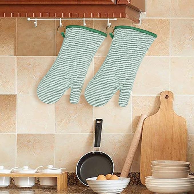 1 Pair Yarn Dyed Oven Mitts 100% Cotton Heat Resistant 470 Degree Gloves Men Women Cooking Baking Barbecue BBQ Microwave Crafting Machine Washable Pot Holders Mittens (Green)