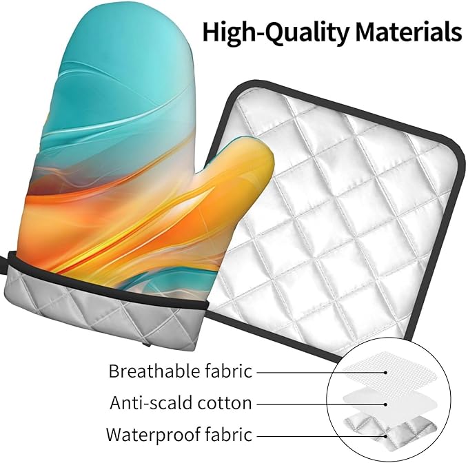 Turquoise Orange Abstract Art Oven Mitts & Pot Holders Sets of 3, Heat Resistant Teal Burnt Orange Modern Kitchen Gloves and Hot Pads for Kitchen Cooking Grilling, Baking Gifts for Women, Home Decor