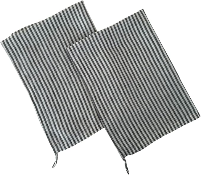 Eight Owls Stonewashed Linen Kitchen Dish Towels - 20 x 27 inch – 100% Pure Linen Tea Towel/Hand Towel - Set of 2 (Charcoal Stripe)
